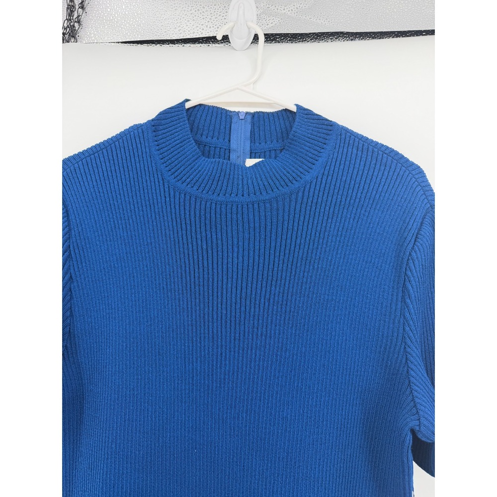 Vintage NWT St. John SJK Blue Wool Knit Short Sleeve Mock Neck Top 12 MSRP $200